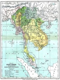 1886年时的中南半岛，东部的土黄色部分为当时的法国殖民地